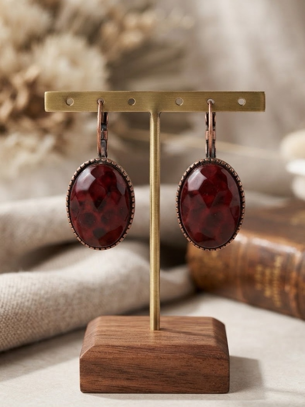 Victorian Gothic Burgundy Cabochon Earrings | Antique Bronze Oval Lever Back